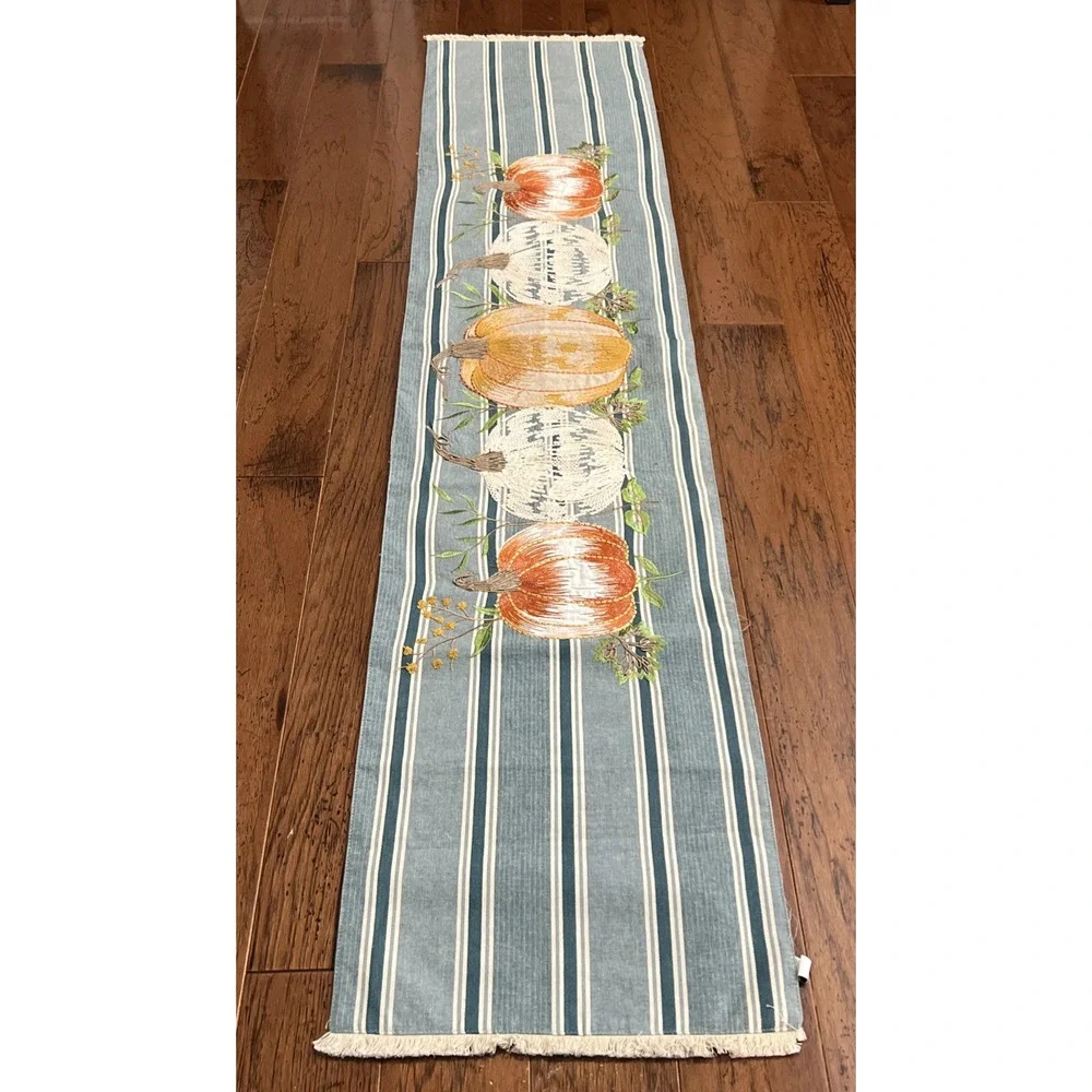 Bountiful Fall Harvest Pumpkins Embroidered Decorative Table Runner‎ BLUE 72x16